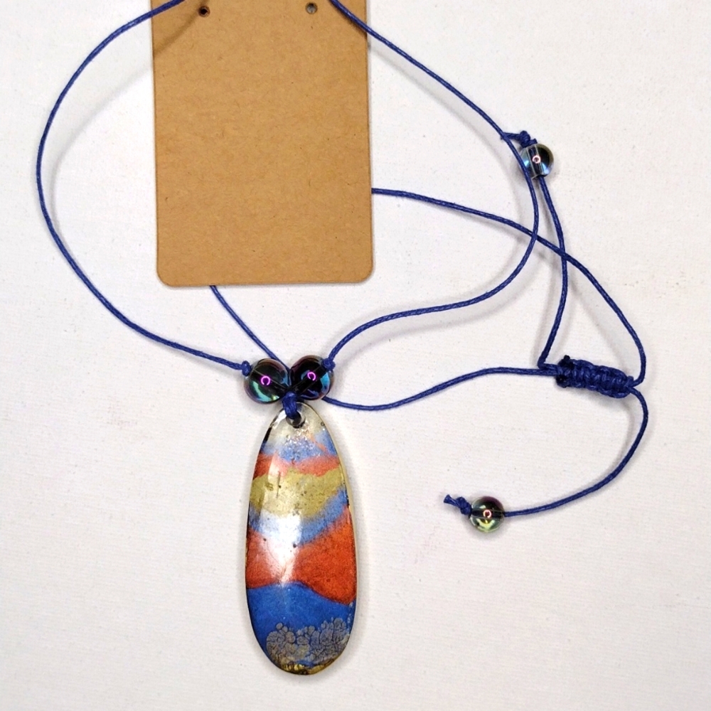 Large Gold Sparkle Reversible Teardrop Necklace with Adjustable length Blue cord